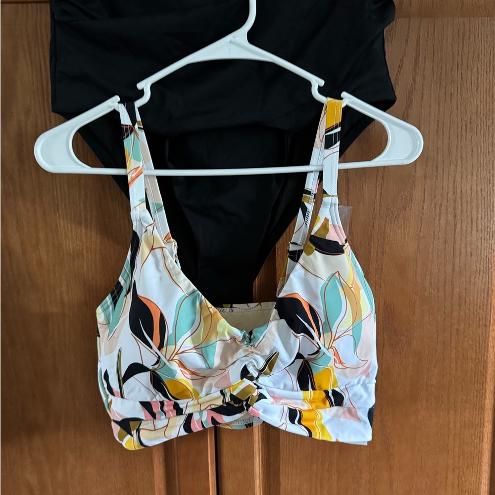 Floral Bikini Top with Black High-Waisted Bottoms